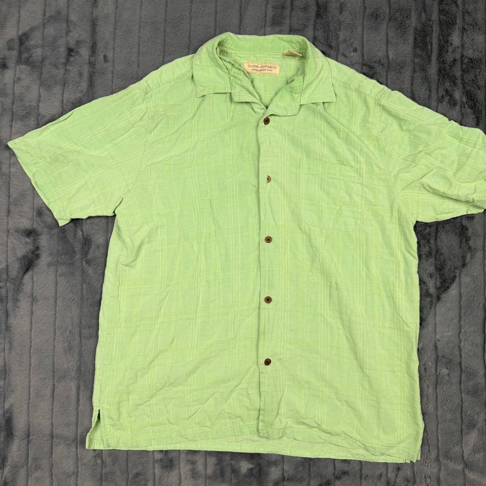 Island Republic Mens XL Silk Rayon Lime Green Plaid Camp Shirt Short Sleeve 7436